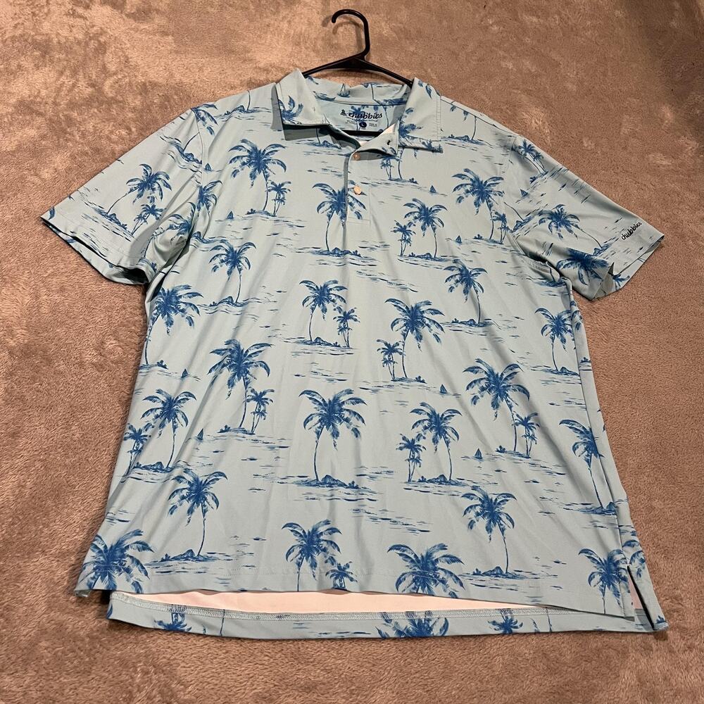 Chubbies Polo Shirt Mens Large Blue Palm Tree Print Performance Stretch Golf